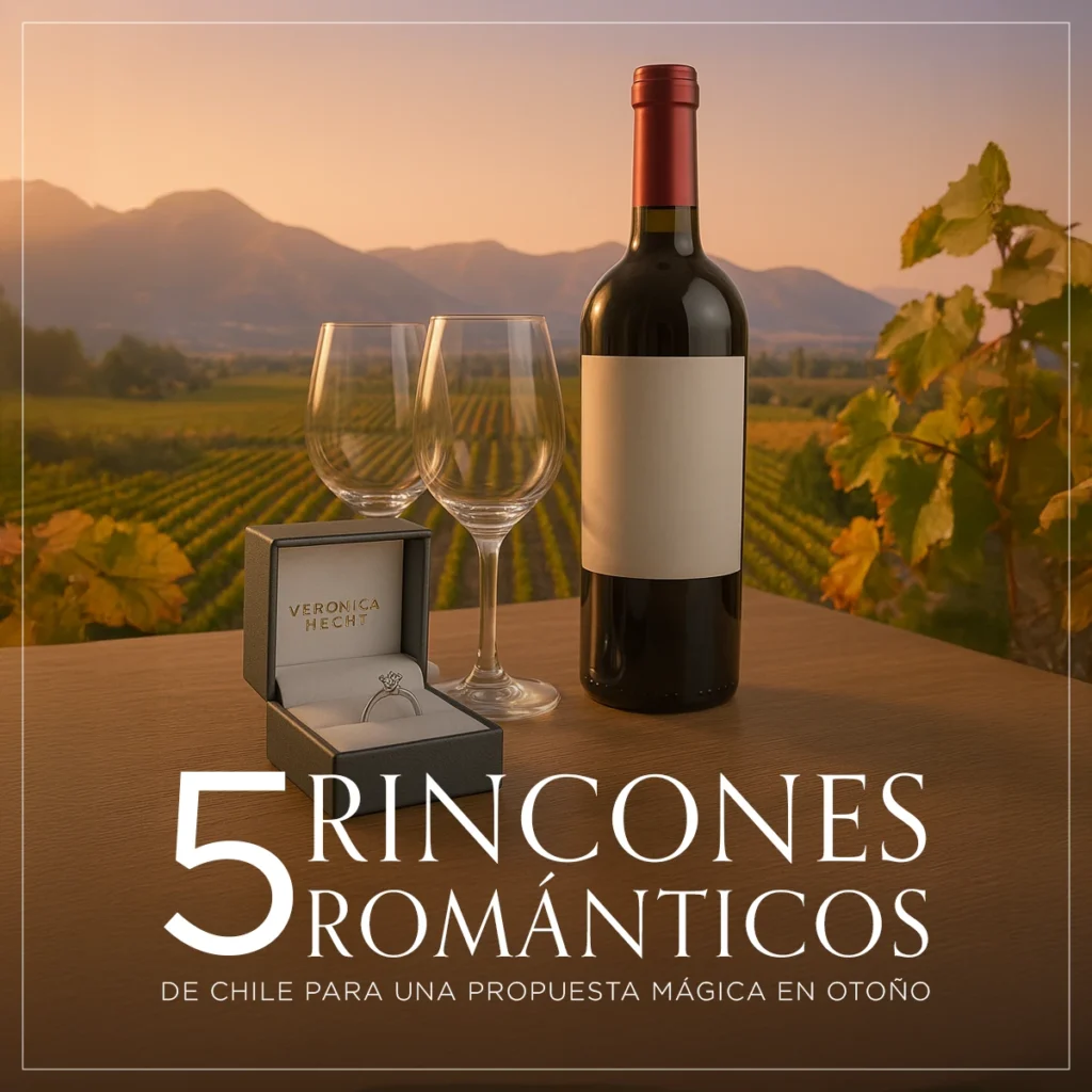 Anillo de compromiso sobre una mesa con dos copas y una botella de vina, de fondo un viñedo, ambiente romántico al atardecer