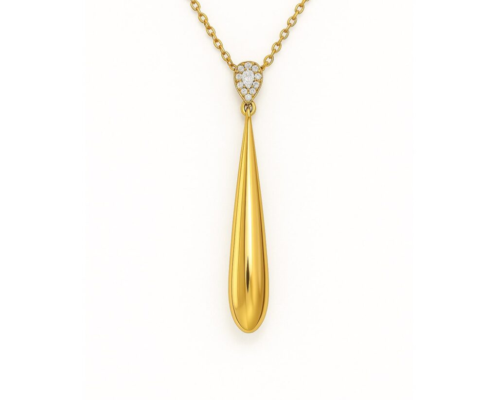 Collar Lagrima Oro Amarillo 14k con 1 Diamante corte pera de 6 pt y  12 Diamantes corte brillante que suman 3 pt