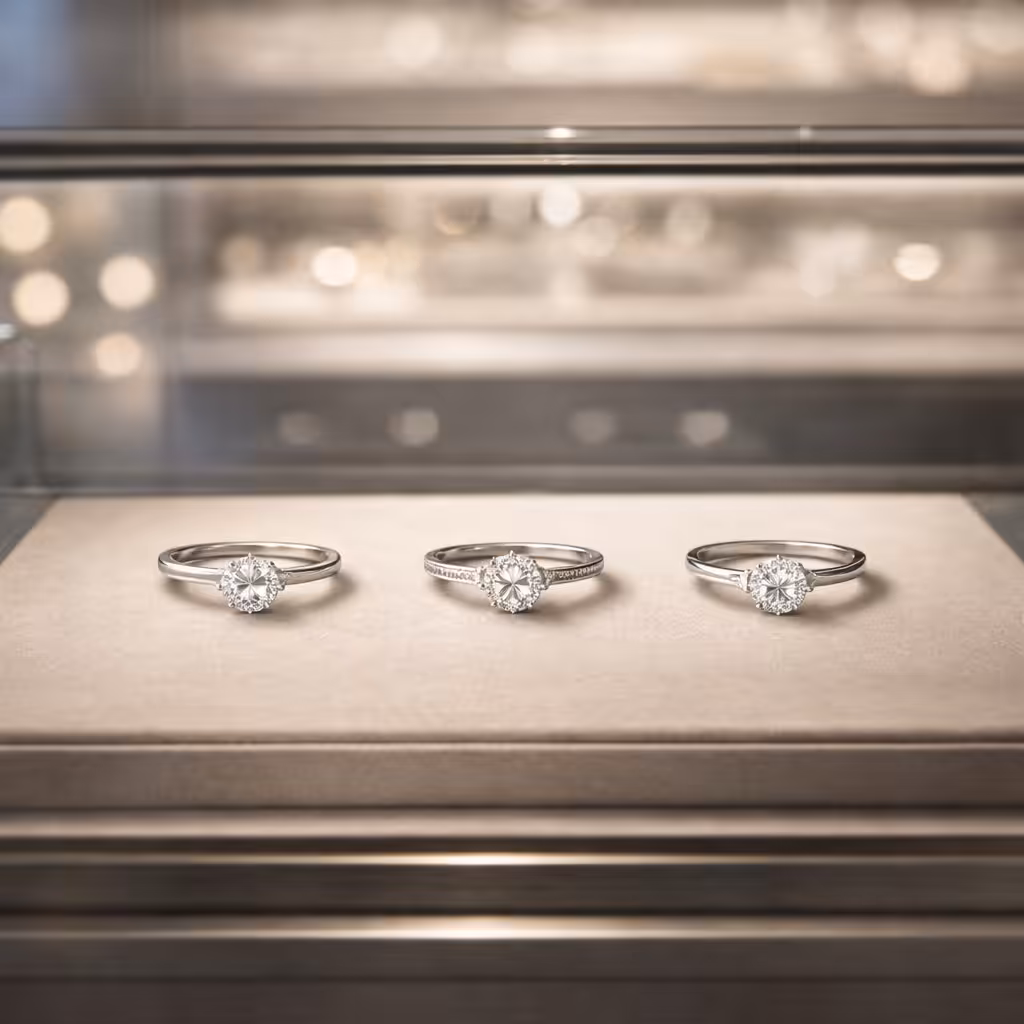 anillos de compromiso con diamante expuestos en vitrina
