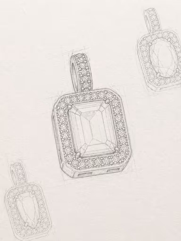 boceto a mano de colgante con piedra central y diamantes alrededor