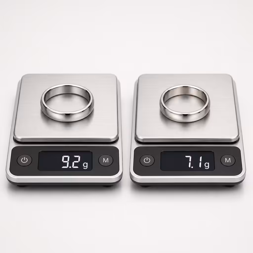 Comparación de peso entre una argolla de platino y una argolla de oro blanco del mismo diseño