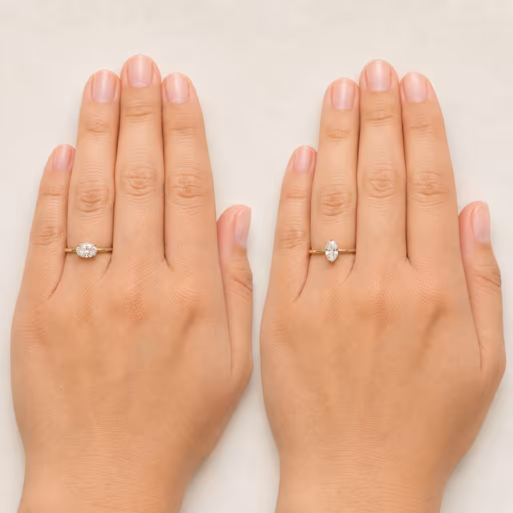 Comparación entre anillo ovalado en posición horizontal y vertical en manos pequeñas con dedos cortos.