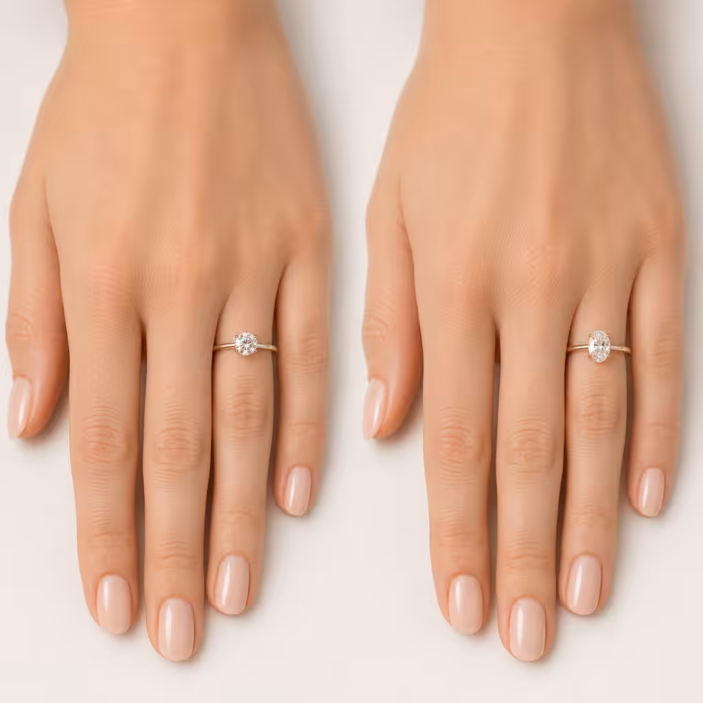 Comparación entre anillo con piedra redonda y anillo con piedra ovalada en manos pequeñas.