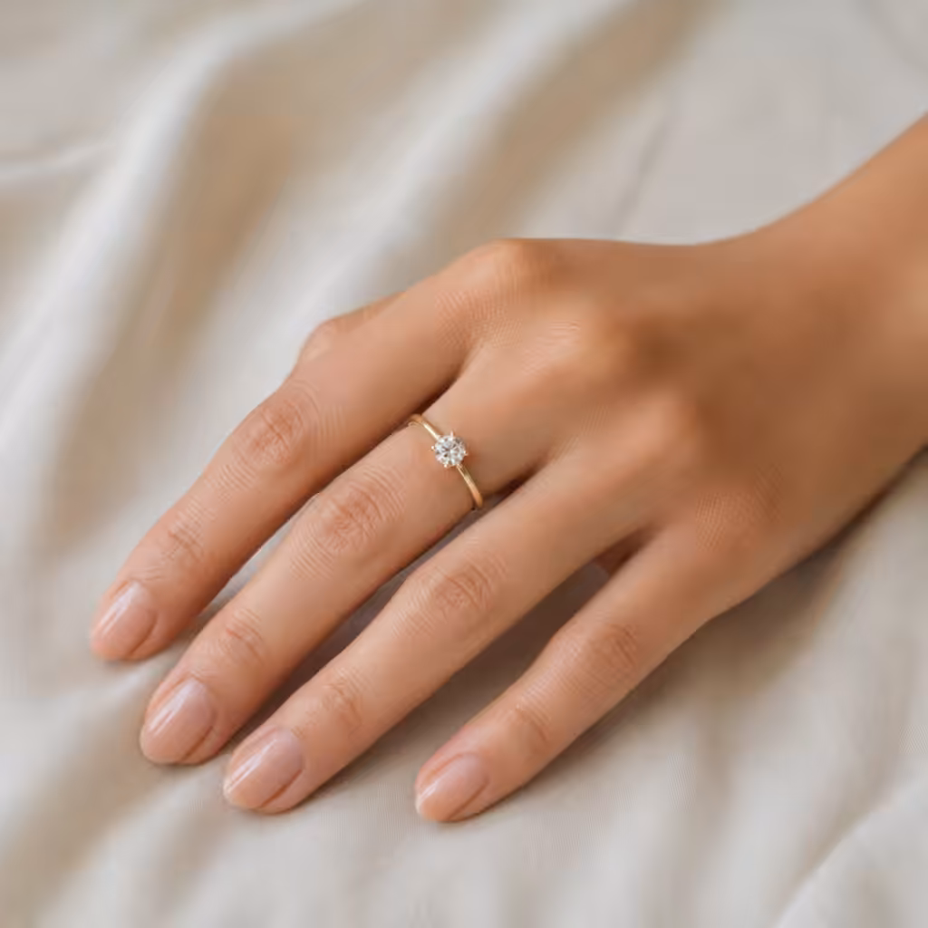 Mano pequeña con anillo solitario delicado de banda fina.