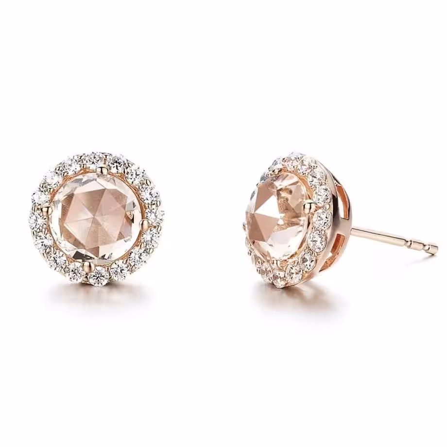 Aros con morganita en oro rosado y halo de moissanitas