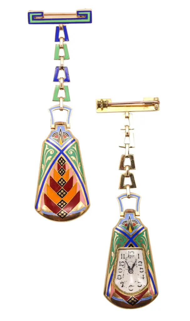 Reloj broche Art Deco Leicht-Mayer de 1925 con esmaltes geométricos de colores.