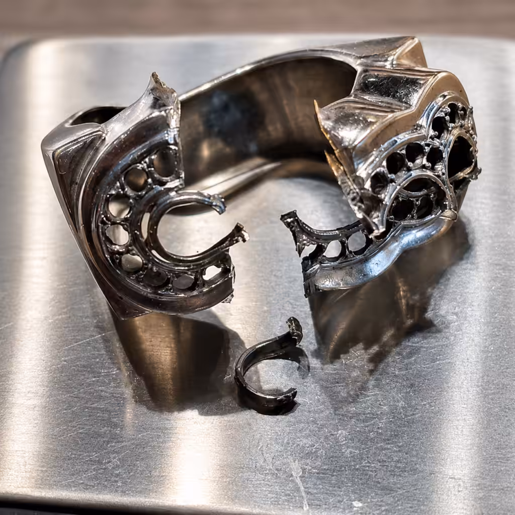 Fragmentos de una joya de metal destruida y desarmada sobre una gramera.