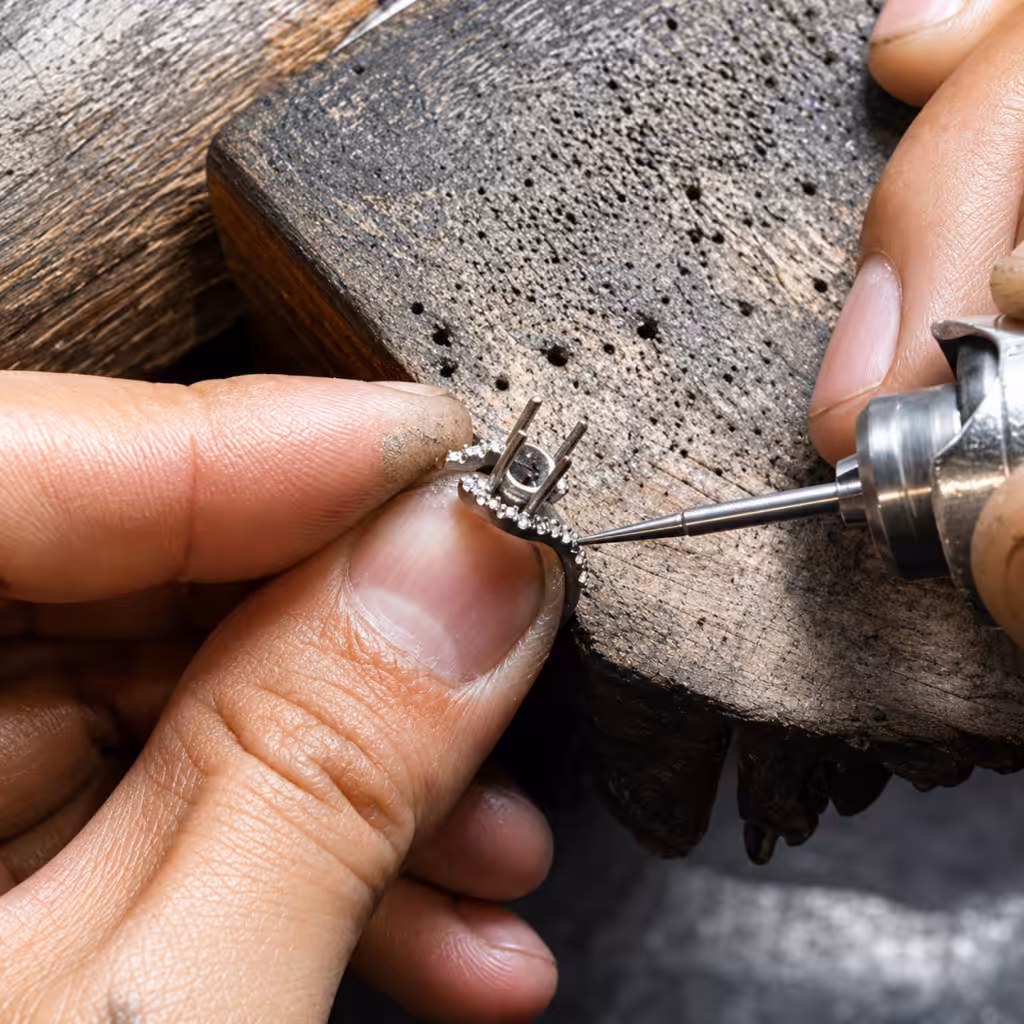 Orfebre preparando con micromotor una montura con grifas y pavé antes de engastar las piedras.