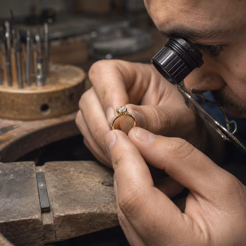 Maestro orfebre examinando con aumento un anillo durante la revisión anual de sus engastes.