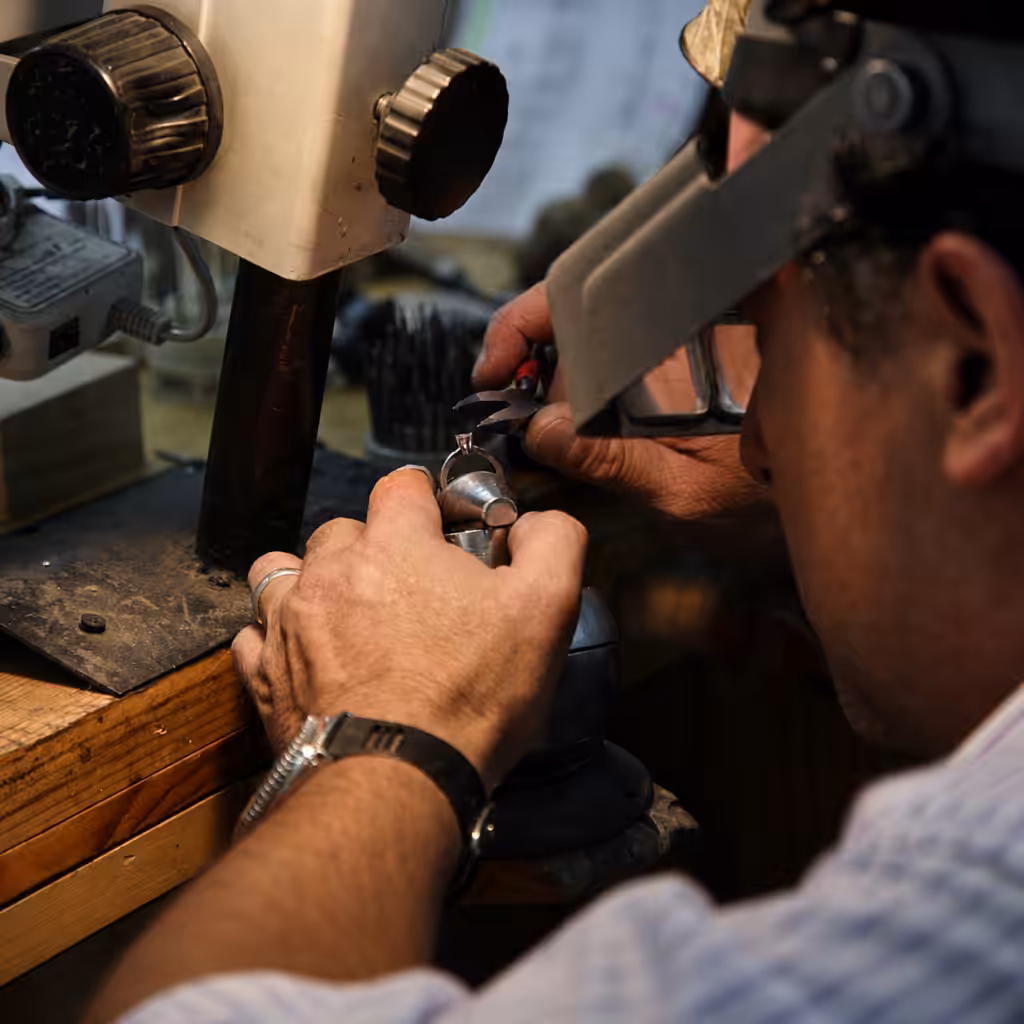 Joyero trabajando sobre un anillo bajo un microscopio de taller.