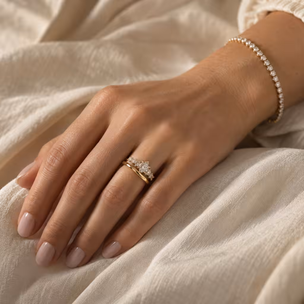 Anillo sencillo de oro combinado con un anillo de diamantes y un brazalete tennis.