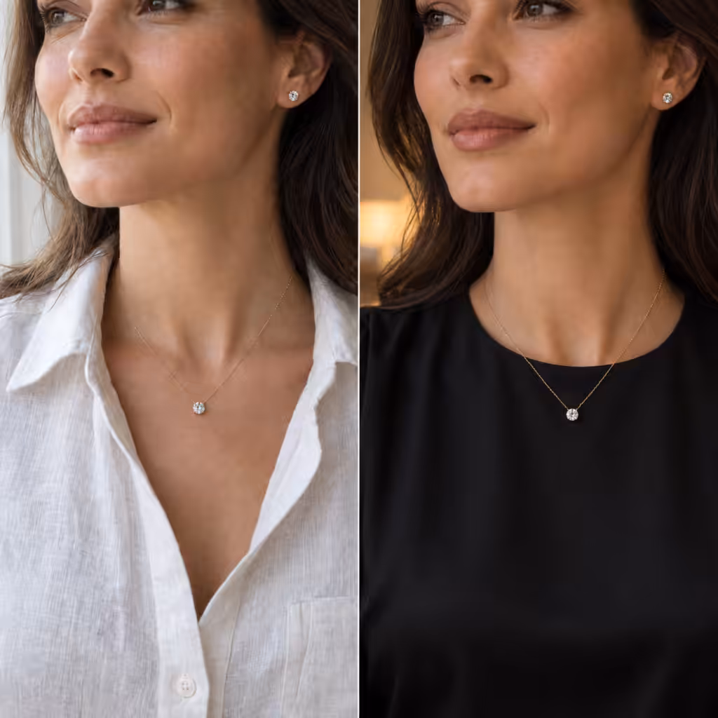 El mismo collar de diamante combinado con dos estilos de ropa.