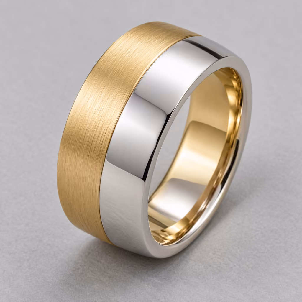 anillo bicolor con una franja de oro amarillo satinado y otra de oro blanco pulido.