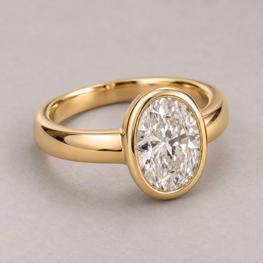 anillo de oro amarillo con diamante ovalado en bisel.