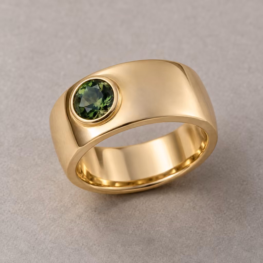 anillo ancho de oro amarillo con zafiro verde desplazado hacia un costado.